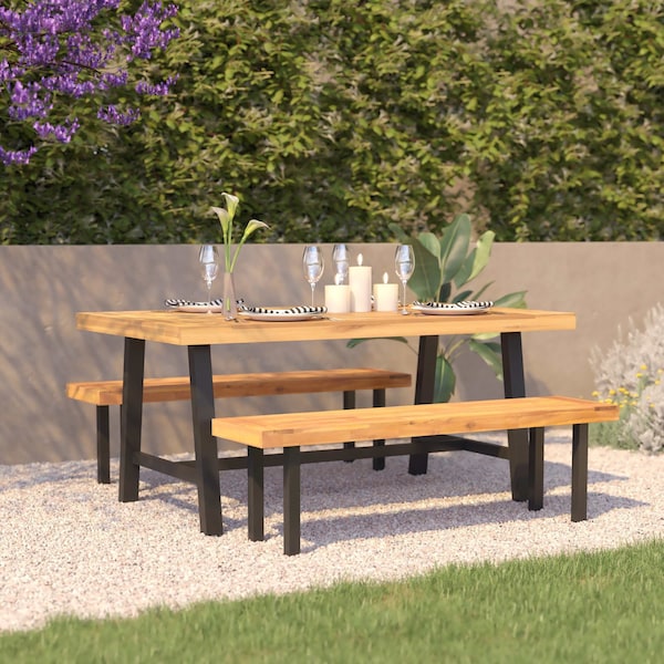 Flash Furniture Natural/Black Acacia Wood Slat Top Patio Table TT-TT01122-1A-NAT-GG - main